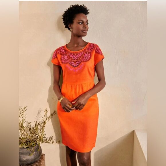 BODEN Fleur Embroidered Linen Dress with Pockets-US Size 8L Orange and Pink - Picture 1 of 6